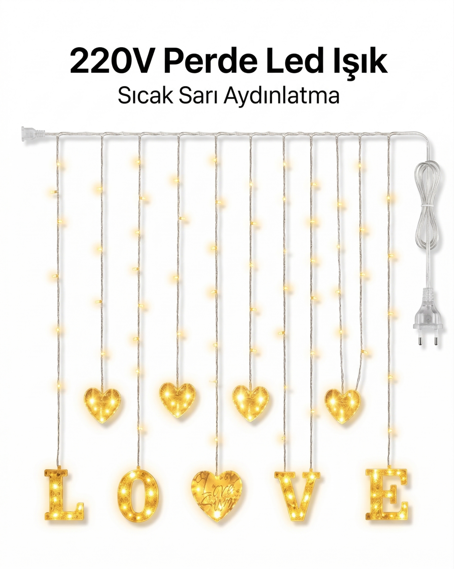 3 Metre Perde Led Işık - 8 Modlu Kalp ve LOVE Figürlü Dekoratif Animasyonlu Led
