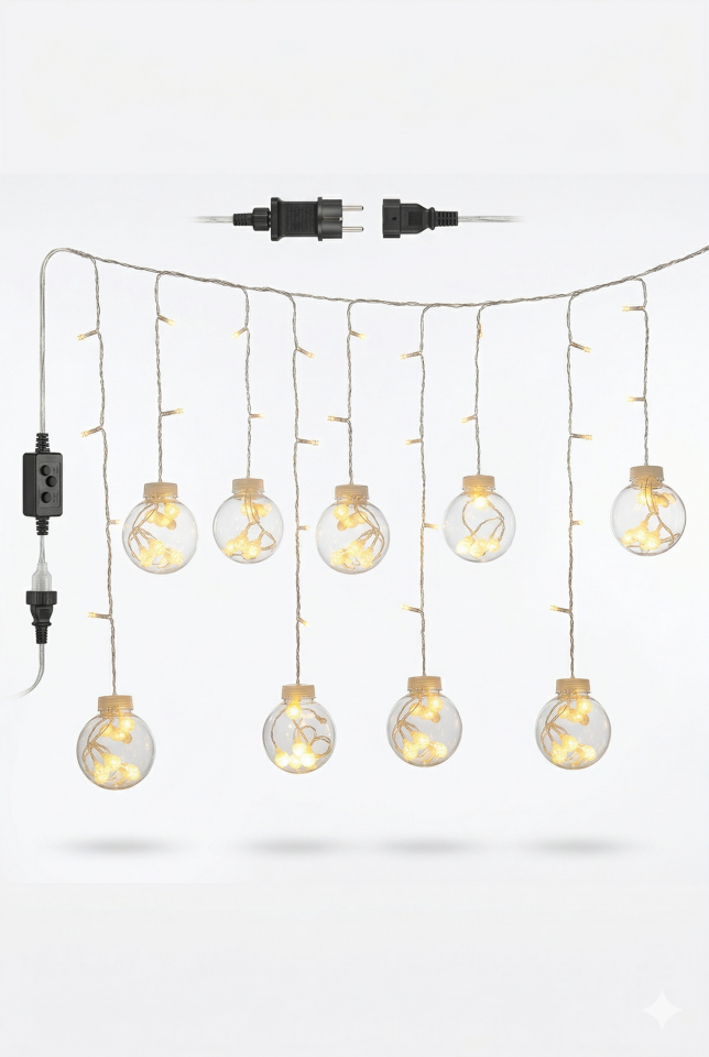 3 Metre 10 Toplu Perde LED Işık - Gün Işığı Şeffaf Dekoratif Aydınlatma - 8 Fonksiyonlu Led