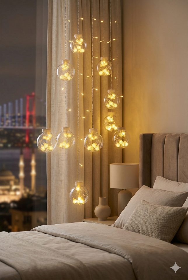 3 Metre 10 Toplu Perde LED Işık - Gün Işığı Şeffaf Dekoratif Aydınlatma - 8 Fonksiyonlu Led