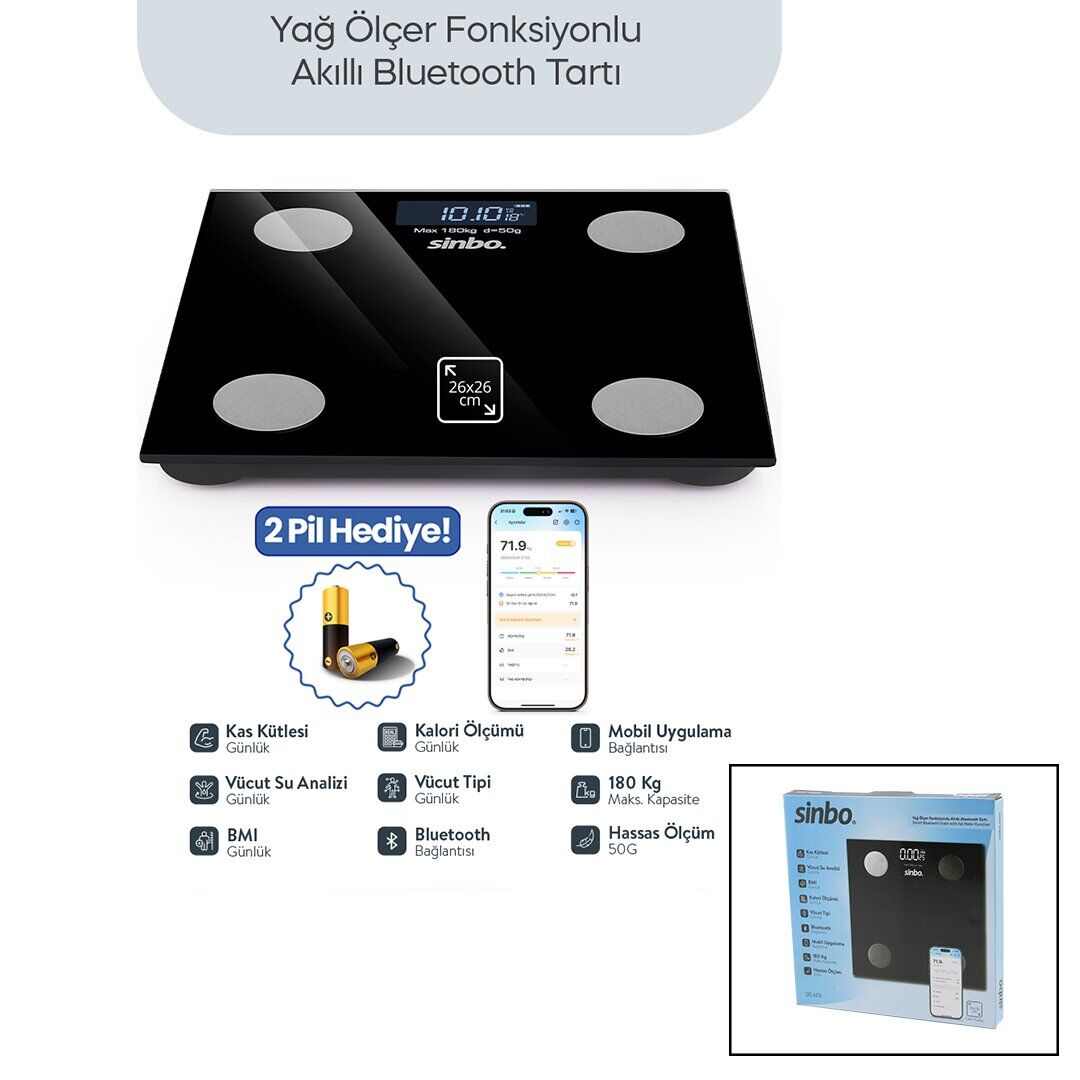 BASKÜL SİYAH YAĞ ÖLÇER AKILLI BLUETOOTH CAM BASKÜL