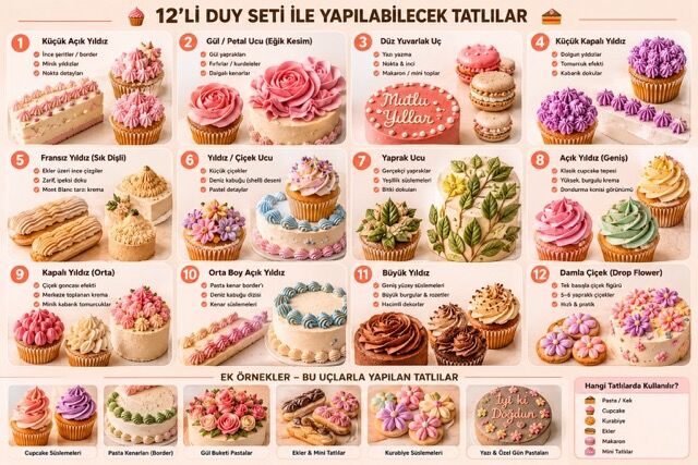 12’li Profesyonel Paslanmaz Çelik Pastacı Duy Seti – Detaylı Dekorasyon ve Süsleme Uçları