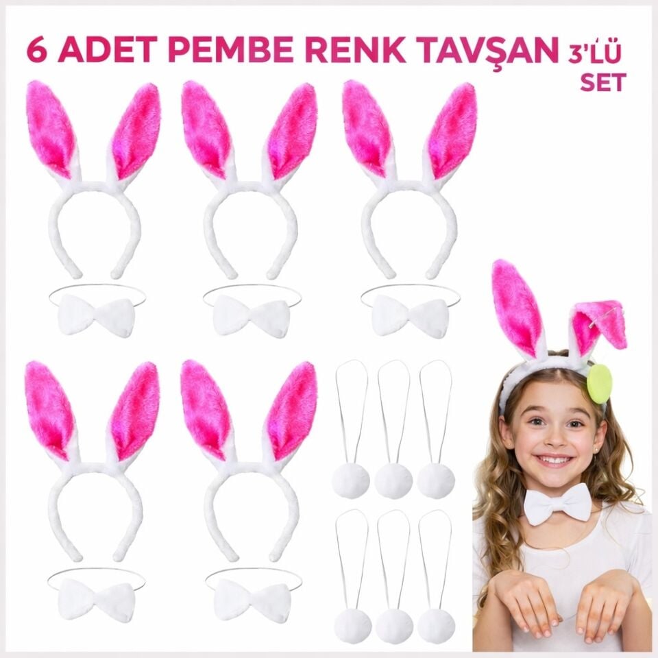Şeker Pembesi Tavşan Sahne Seti 6'lı Set Taç Papyon Kuyruk